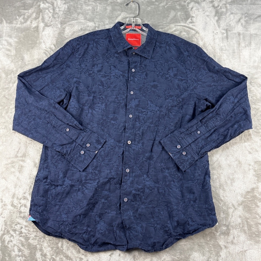 Tommy Bahama Shirt Mens Large Island Modern Fit Navy Floral Jacquard EUC